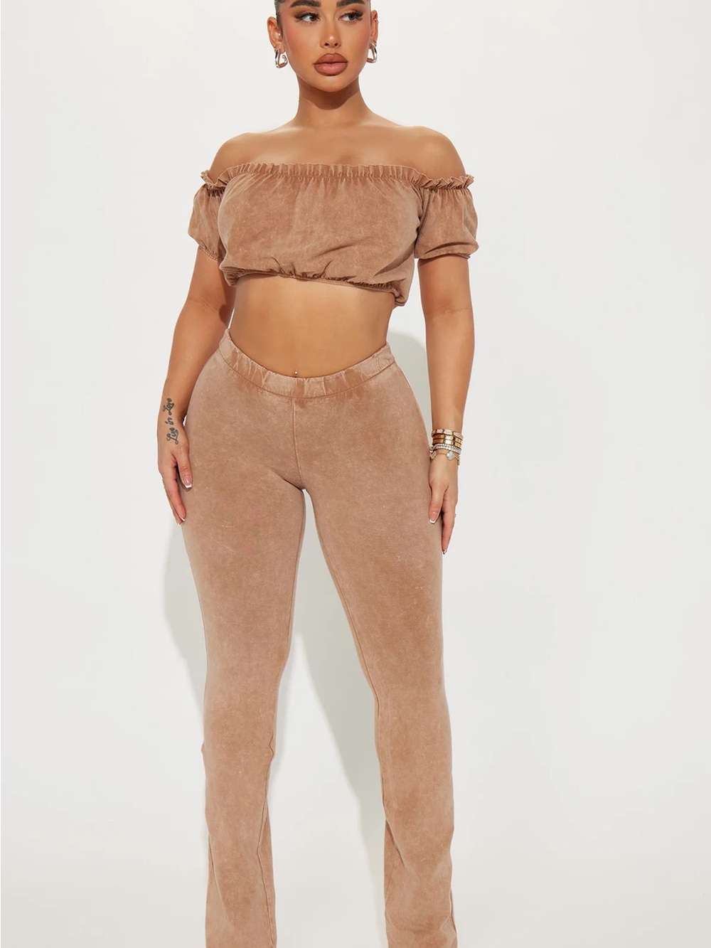 Fashion Nova Taupe Off-Shoulder Crop Top & High-Rise Flare Pants Set